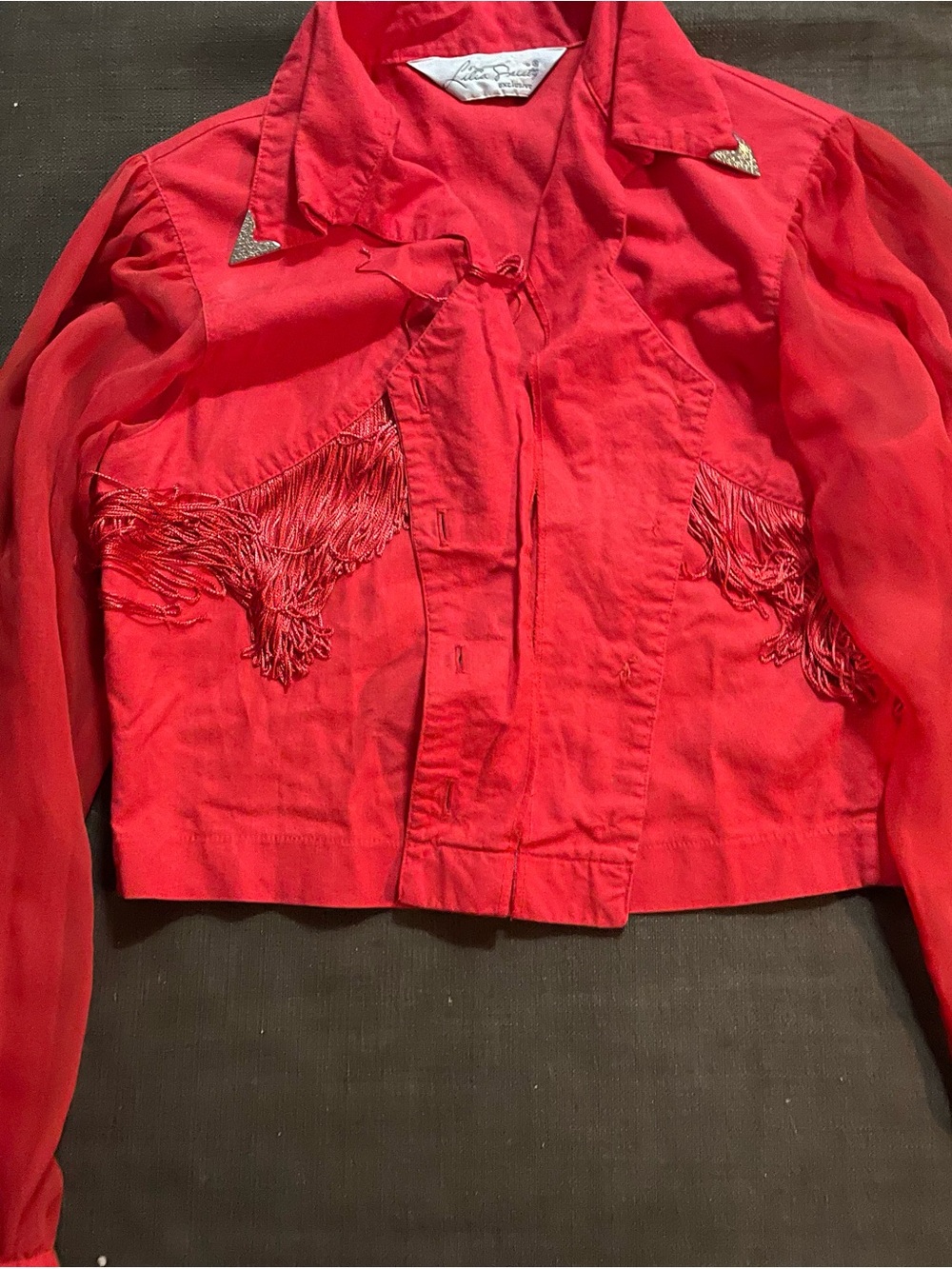 Red Fringe Crop shirt with sheer sleeves-